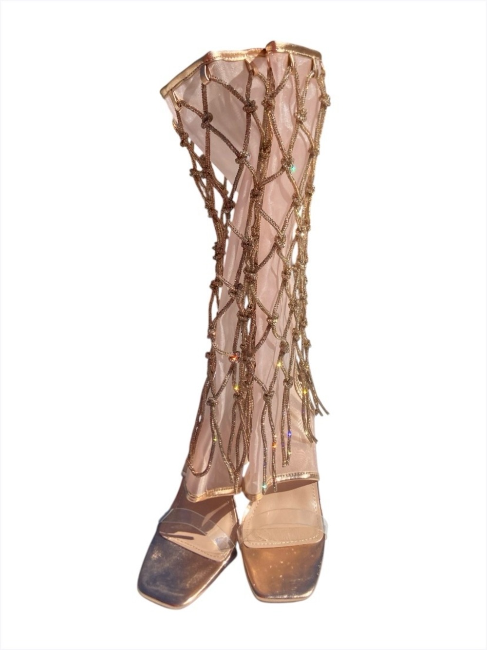 Women's Rose Gold Rhinestone Net Knee-High Heels, 10 - Picture 4 of 8